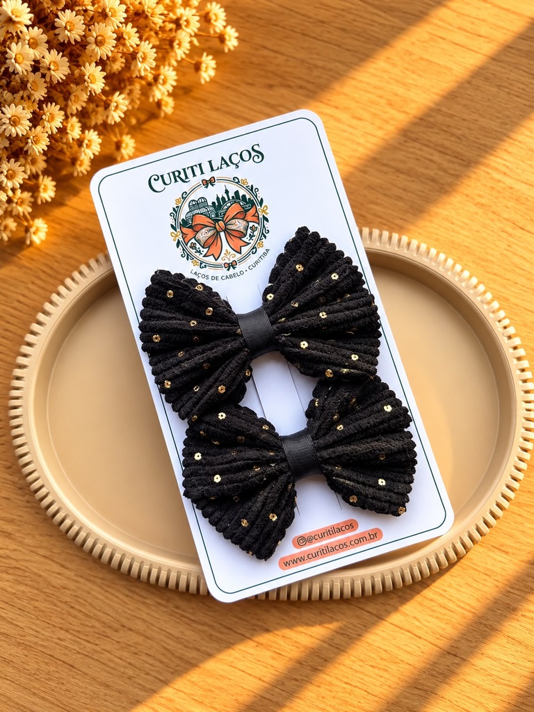 Par de Laços Preto c/ brilho dourado - Bico de Pato