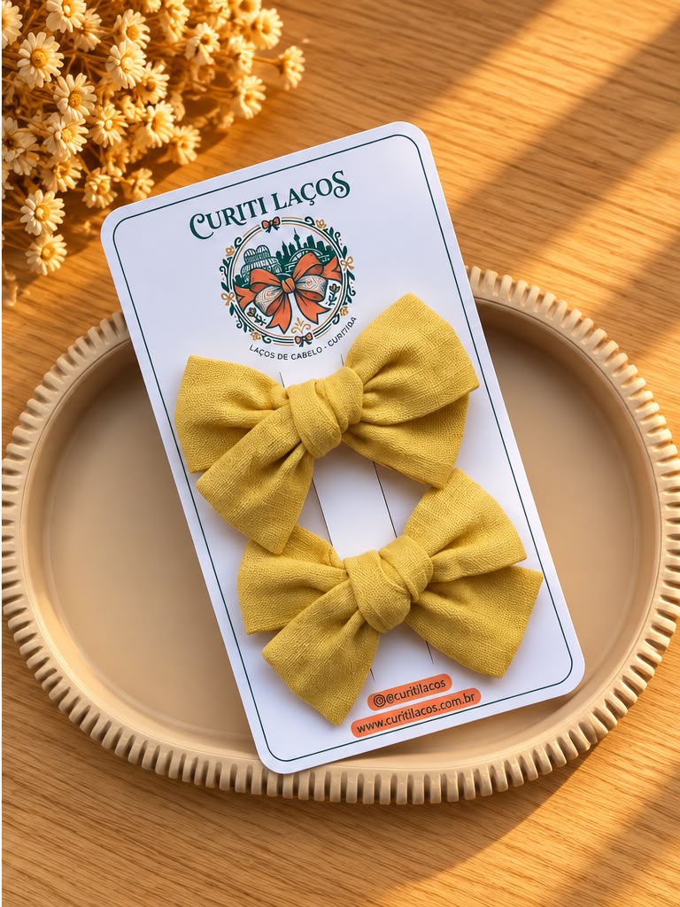 Par de Laços Nó Clássico Linho Amarelo - Bico de Pato